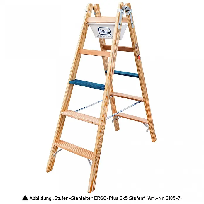 Iller Leiter Doppel-Stehleiter Holz Stufensteh ERGO Plus inkl. Werkzeugtasche und Eimerhaken 2x6 Stufen 3, - Anzahl Tritte: 6 Stk., Arbeitshöhe: 3.300 m, Holz - Klappbare Holz-Stehleiter mit 5 Stufen, teils blau, und einer oberen Ablageschale.