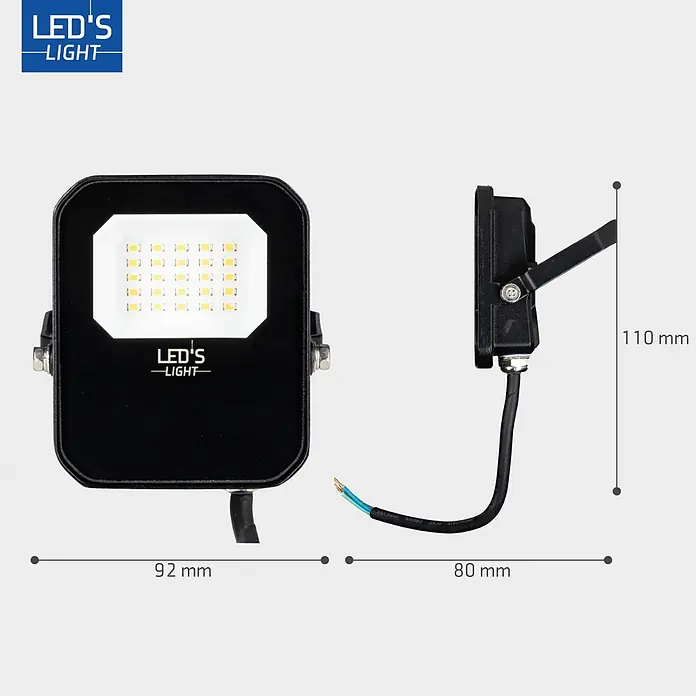 LED's work LED-Außenwandleuchte - 20 W, 3,3 x 11,9 x 13,3 cm, Schwarz, IP65 - Schwarzer LED-Fluter mit Vorder- und Seitenansicht, zeigt Maße: 92mm Breite, 80mm Tiefe, 110mm Höhe. Inklusive Elektrokabel.