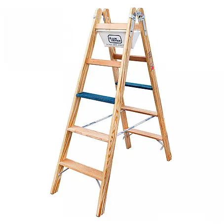 Iller Leiter  Doppel-Stehleiter Holz Stufensteh ERGO Plus inkl. Werkzeugtasche und Eimerhaken 2x8 Stufen 3,