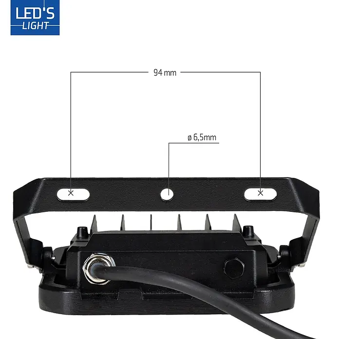 LED's work LED-Außenwandleuchte - 30 W, 3,7 x 15,4 x 17,5 cm, Schwarz, IP65 - Schwarze LED-Leuchte mit Kühlrippen und Montagehalterung, Maße: 94mm Lochabstand und Ø 6,5mm Lochdurchmesser, Stromkabel angeschlossen.