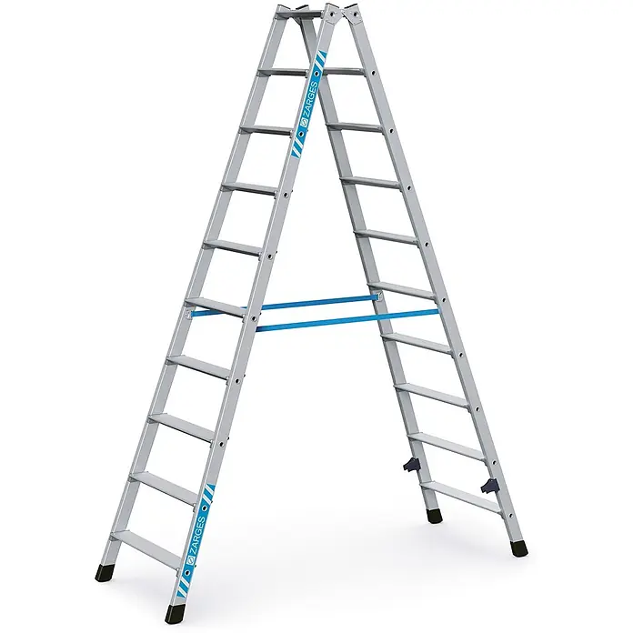 Zarges Stehleiter gebördelte Doppelstufenleiter Nova B 2x10 Stufen - Anzahl Tritte: 10 Stk., Arbeitshöhe: 3.650 m, Aluminium - Silberne Aluminium-Doppelleiter mit blauen Stabilisatoren und schwarzen rutschfesten Füßen.