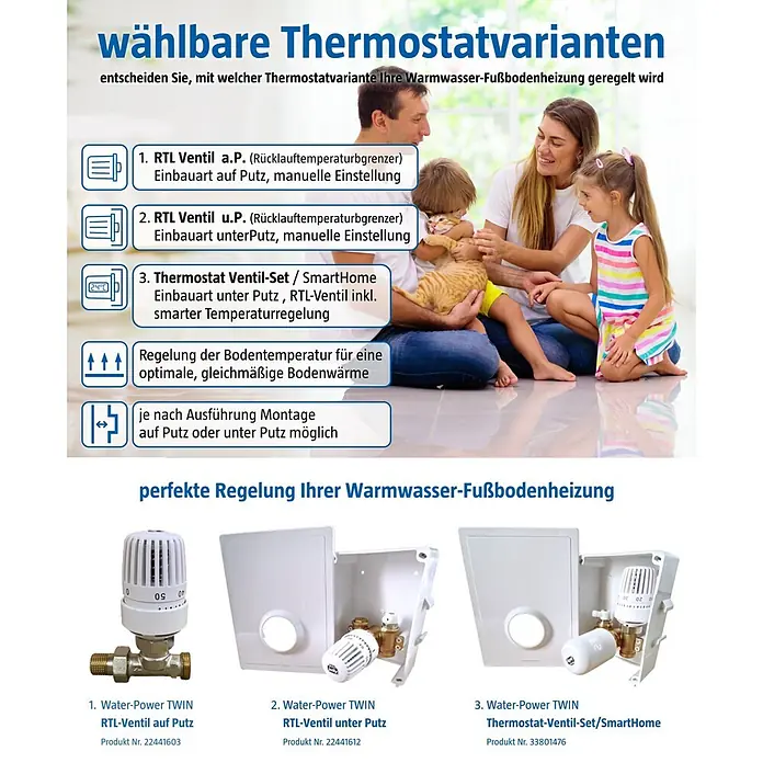 Admiral Fußbodenheizung Water-Power - 3,1 x 0,8 m, Beheizbare Fläche: 2,5 m² - Thermostat- und Ventilvarianten für Fußbodenheizungen: auf Putz, unter Putz manuell und Smart-Home-Regelung.