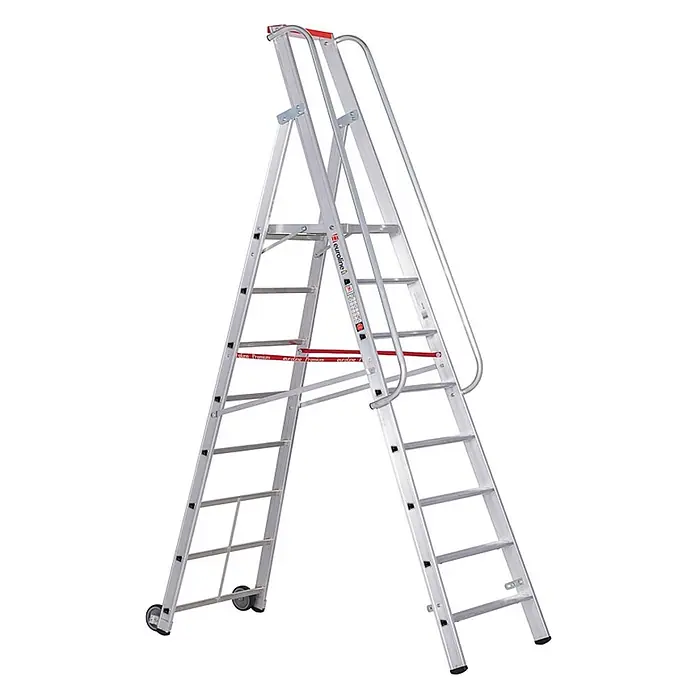 Euroline Stehleiter Premium 32677 Stufenstehleiter mit großer Standplattform 8 Stufen - Anzahl Tritte: 8 Stk., Arbeitshöhe: 3.700 m, Aluminium - Professionelle Aluminium-Stehleiter mit Handlauf, Rollen, breiten Stufen und oberer Plattform.