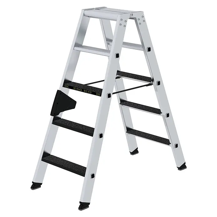 Munk Stehleiter Stehleiter beidseitig begehbar mit clip-step R13 250kg 5 Stufen - Anzahl Tritte: 5 Stk., Arbeitshöhe: 2.700 m, Aluminium - Silberne Aluminium-Stehleiter mit schwarzen Anti-Rutsch-Stufen und 250 kg Tragfähigkeit.
