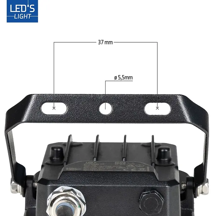 LED's work LED-Außenwandleuchte - 10 W, 3,4 x 9,6 x 11 cm, Schwarz, IP65 - Schwarze Metallhalterung für LED-Leuchte mit drei Löchern: Mitte Ø 5,5mm, äußere Löcher 37mm auseinander.