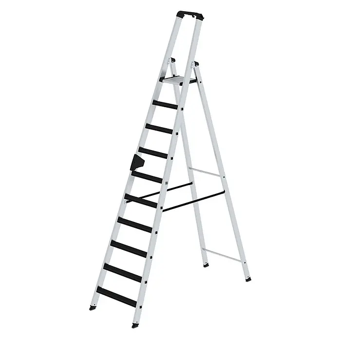 Munk Stehleiter Stehleiter mit clip-step 10 Stufen - Anzahl Tritte: 10 Stk., Arbeitshöhe: 4.350 m, Aluminium - Silberne Aluminium-Klappleiter mit schwarzen Stufen und Griff.