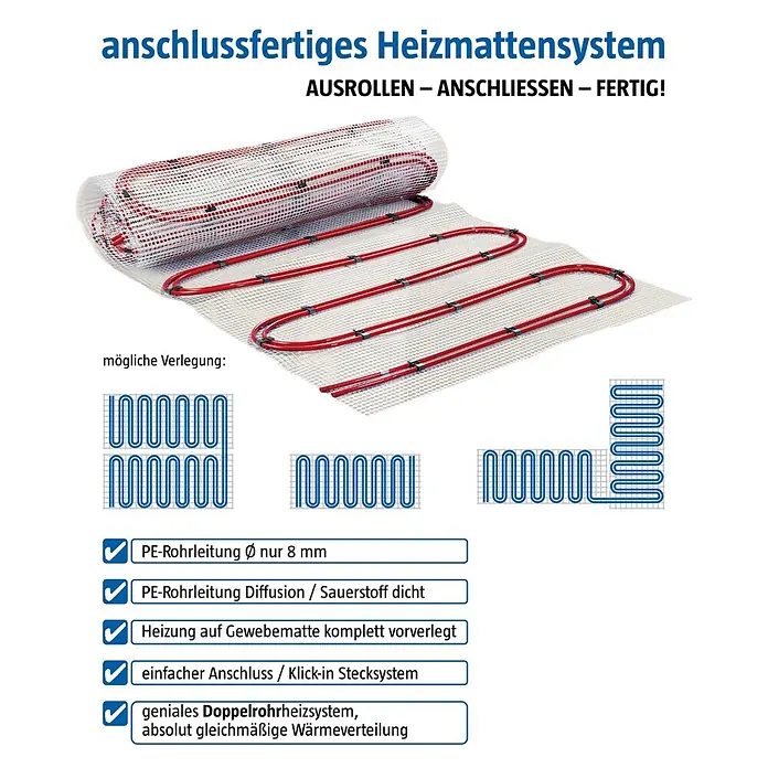 Admiral Fußbodenheizung Water-Power - 3,1 x 0,8 m, Beheizbare Fläche: 2,5 m² - Anschlussfertiges Fußbodenheizungssystem mit roten Rohren auf weißer Gewebematte, teilweise ausgerollt zur Demonstration der Verlegung.