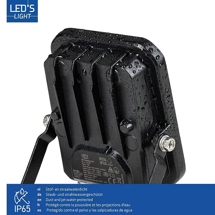 LED's work LED-Außenwandleuchte - 10 W, 3,4 x 9,6 x 11 cm, Schwarz, IP65 - Schwarzer LED-Fluter mit Wassertropfen, der seinen Staub- und Strahlwasserschutz (IP65) hervorhebt.