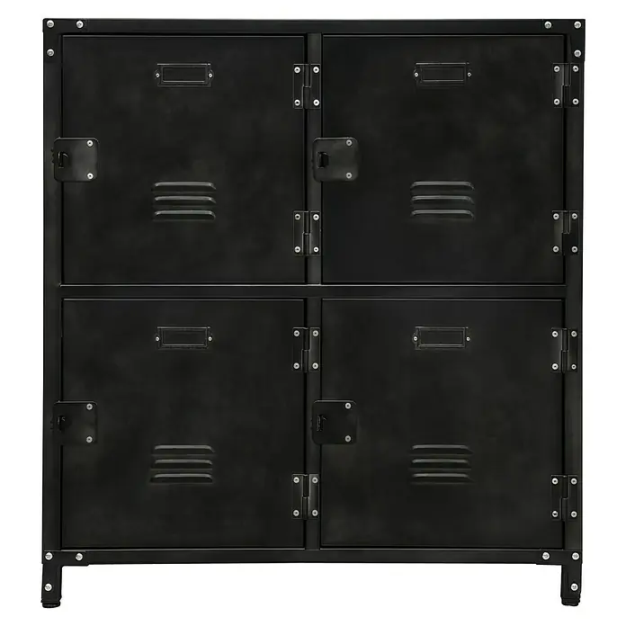 Armario multiusos metálico Vintage - 35 x 75 x 82,5 cm, Número de puertas: 4 ud., Número de compartimentos: 4 ud. - Armario taquilla negro con cuatro compartimentos, ideal para oficina o hogar, ofreciendo amplio almacenamiento. Construcción robusta de metal.
