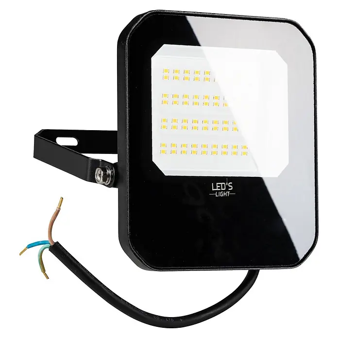 LED's work LED-Außenwandleuchte - 30 W, 3,7 x 15,4 x 17,5 cm, Schwarz, IP65 - Schwarzer LED-Flutlichtstrahler mit Halterung und freiliegenden Elektrokabeln.