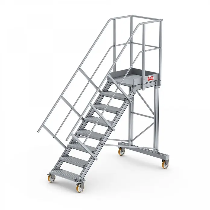 Altrex Podestleiter Podesttreppe fahrbar 45° 8 Stufen - Anzahl Tritte: 8 Stk., Arbeitshöhe: 3.640 m, Aluminium - Mobile Arbeitsplattform aus Aluminium mit Stufen, Geländer und Rollen.