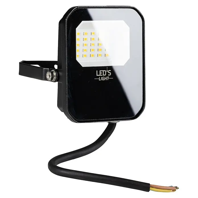 LED's work LED-Außenwandleuchte - 10 W, 3,4 x 9,6 x 11 cm, Schwarz, IP65 - Schwarzer LED-Fluter mit sichtbaren gelben LED-Chips und einem angeschlossenen schwarzen Kabel mit abisolierten Adern.