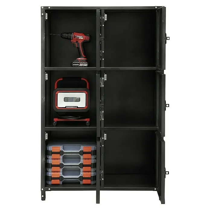 Armario multiusos metálico Vintage - 35 x 75 x 120 cm, Número de puertas: 6 ud., Número de compartimentos: 6 ud. - Armario de herramientas Powerbuilt con taladro, luz de trabajo y cajas de herramientas. El armario ofrece un amplio espacio de almacenamiento.