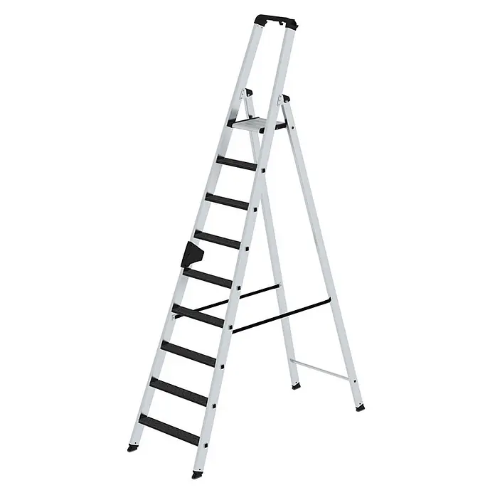 Munk Stehleiter Stehleiter mit clip-step R13 9 Stufen - Anzahl Tritte: 9 Stk., Arbeitshöhe: 4.100 m, Aluminium - Silberne Aluminium-Klappleiter mit schwarzen rutschfesten Stufen und oberer Plattform.