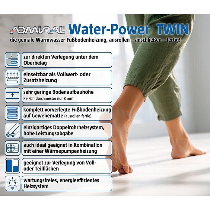 Admiral Fußbodenheizung Water-Power (18,6 x 0,8 m, Beheizbare Fläche: 20 m²)