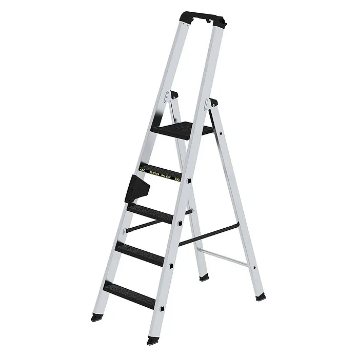 Munk Stehleiter Stehleiter mit clip-step R13 250kg, 5 Stufen - Anzahl Tritte: 5 Stk., Arbeitshöhe: 3.150 m, Aluminium - Vierstufige Aluminium-Klappleiter mit schwarzen Anti-Rutsch-Stufen, oberer Plattform und Griff.