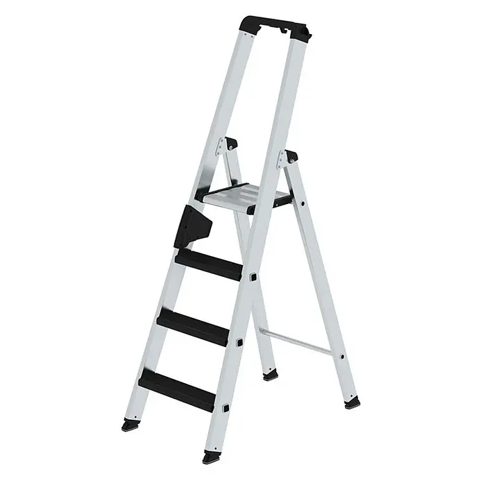 Munk Stehleiter Stehleiter mit relax-step 4 Stufen - Anzahl Tritte: 4 Stk., Arbeitshöhe: 2.950 m, Aluminium - Silberne Aluminium-Klappleiter mit schwarzen, rutschfesten Stufen, Griff und robusten Füßen. Hat eine Plattform.