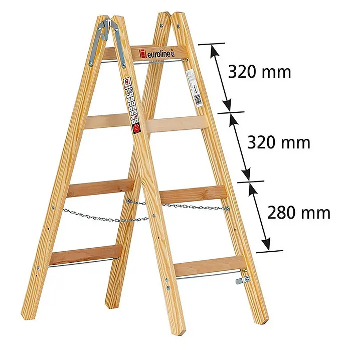 Euroline Stehleiter Holz Sprossenstehleiter Nr. 12506 mit Eimerhaken 2x4 Sprossen - Anzahl Tritte: 4 Stk., Arbeitshöhe: 2.550 m, Belastbarkeit: 150 kg, Holz - Trittleiter aus hellem Holz mit Metallscharnieren, Sicherheitsketten und sichtbaren Sprossenabständen (320mm, 320mm, 280mm).