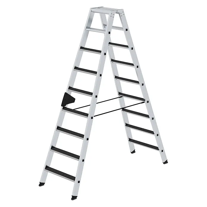 MUNK Stehleiter beidseitig begehbar mit clip-step R13 2x9 Stufen -  - Silberne Aluminium-Stehleiter mit schwarzen Anti-Rutsch-Stufen und Stabilisierungsstangen für sicheren Hochzugang.