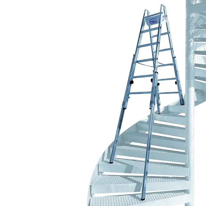 Iller Leiter Stehleiter Treppenhaus Multilift Aluminium blank 2x8 Sprossen - Anzahl Tritte: 8 Stk., Arbeitshöhe: 3.650 m, Aluminium - Silberne Aluminium-Mehrzweckleiter auf einer Wendeltreppe stehend.