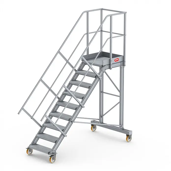 Altrex Podestleiter Podesttreppe fahrbar 45° 9 Stufen - Anzahl Tritte: 9 Stk., Arbeitshöhe: 3.840 m, Aluminium - Silberne mobile Aluminium-Arbeitsbühne mit rutschfesten Stufen, Geländern und orangefarbenen Rollen für sicheren Höhenzugang.
