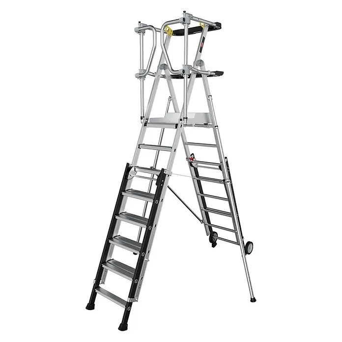 Altrex Podestleiter RolGuard Teleskop Plattformleiter 8/11 Stufen - Arbeitshöhe: 4.500 m - Silberne Aluminium-Mehrzweckleiter mit schwarzen Stufen, Geländer und Rollen; vielseitig als Arbeitsplattform einsetzbar.