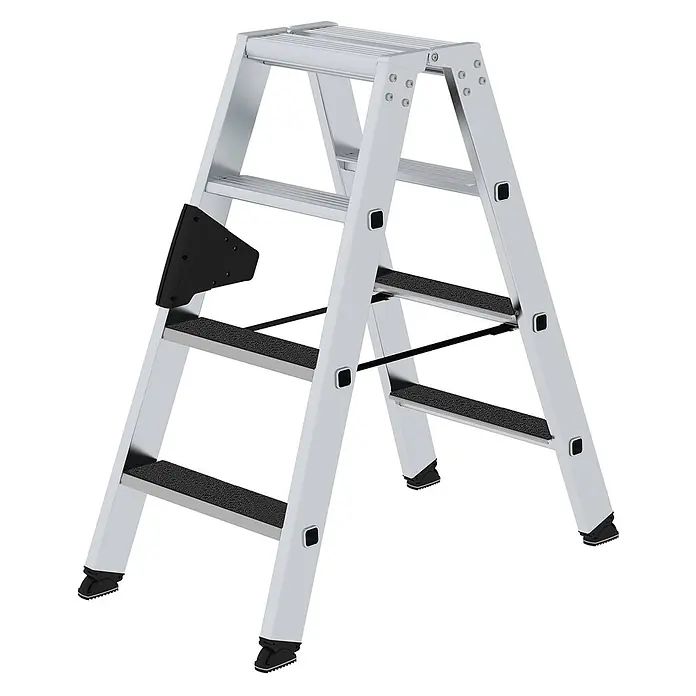 Munk Stehleiter Stehleiter beidseitig begehbar mit clip-step R13 2x4 Stufen - Anzahl Tritte: 4 Stk., Arbeitshöhe: 2.450 m, Aluminium - Silberne Aluminium-Klappleiter mit drei schwarzen Anti-Rutsch-Stufen und einer schwarzen Ablageschale.