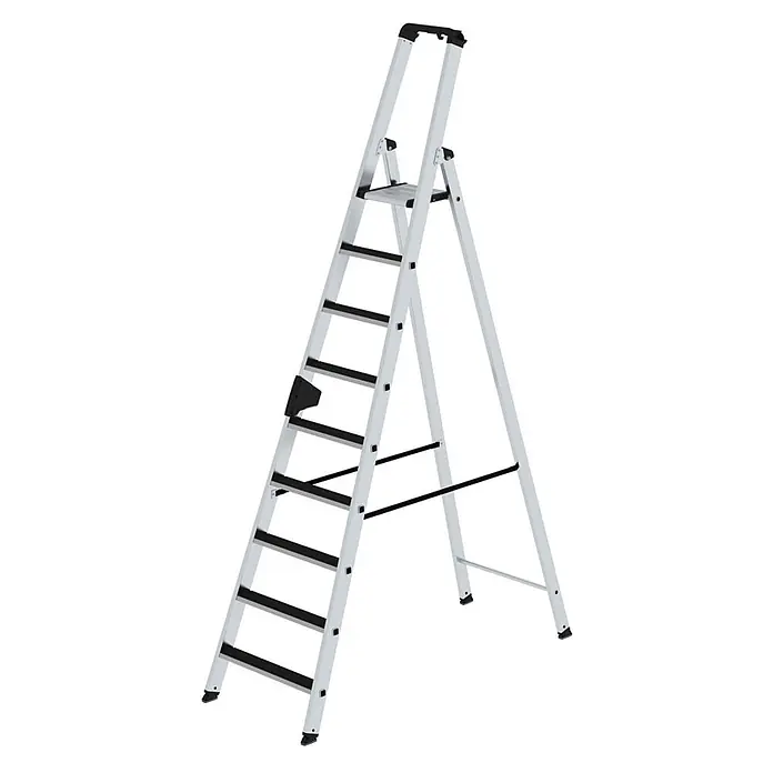 Munk Stehleiter Stehleiter mit clip-step 9 Stufen - Anzahl Tritte: 9 Stk., Arbeitshöhe: 4.100 m, Aluminium - Silberne Aluminium-Klappleiter mit schwarzen Anti-Rutsch-Stufen und oberem Griff.