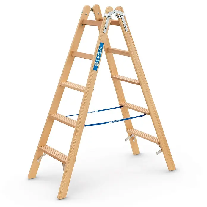 Zarges Stehleiter Holz Stehleiter Crestastep B, beidseitig begehbar 2x5 Stufen - Anzahl Tritte: 5 Stk., Arbeitshöhe: 2.800 m, Holz - Hölzerne A-Rahmen-Klappleiter mit Metallscharnieren und blauen Sicherheitsgurten.