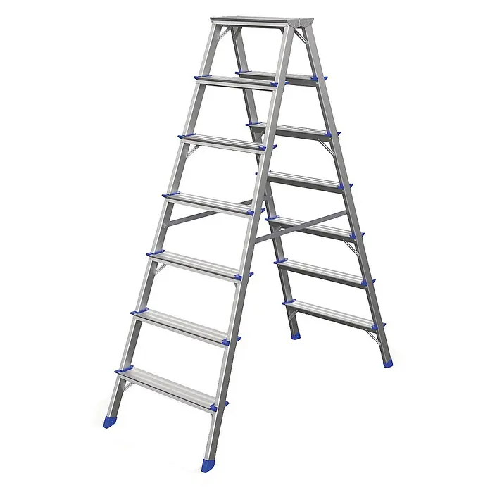Werner Stehleiter Stufenstehleiter zweiseitig begehbar 2x7 Stufen - Anzahl Tritte: 7 Stk., Arbeitshöhe: 3.100 m, Aluminium - Silberne Aluminium-Doppelstehleiter mit blauen Füßen und Stufenverbindern, mit mehreren texturierten Stufen für Sicherheit.
