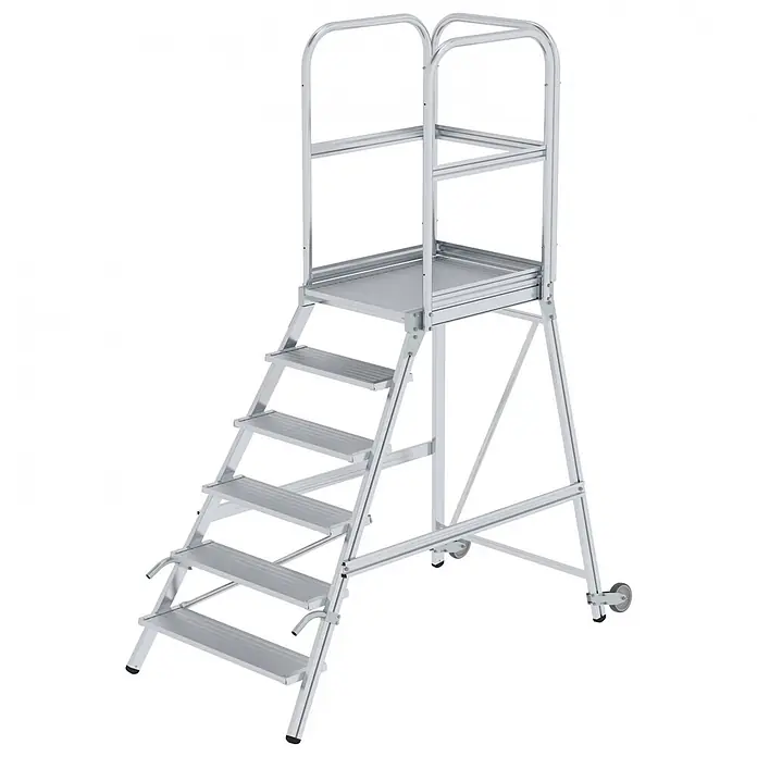 Munk Podestleiter Podestleiter mit Rollen und Griff Aluminium geriffelt 6 Stufen - Anzahl Tritte: 6 Stk., Arbeitshöhe: 3.500 m, Aluminium - Silberne Industriearbeitsplattform mit Stufen, Geländern und Rollen.