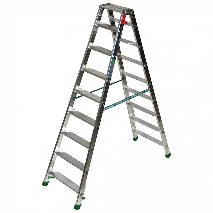 Facal Stehleiter Stufenstehleiter DUPLA S600 8 Stufen - Anzahl Tritte: 8 Stk., Arbeitshöhe: 2.760 m, Aluminium - Silberne Aluminium-Doppelleiter mit grünen Füßen, rotem Sicherheitsgelenk und grünen Sicherungsgurten.