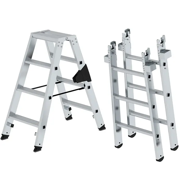 Munk Stehleiter Stufen Stehleiter Set beidseitig begehbar steckbar inkl. Einsteckteil 2x7 S - Anzahl Tritte: 7 Stk., Arbeitshöhe: 3.150 m, Belastbarkeit: 150 kg - Silberne Aluminium-Mehrzweckleiter in zwei Konfigurationen: A-Form und gerade ausgefahren.