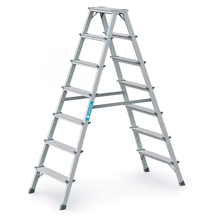 Zarges Stehleiter genietete Bockleiter eloxiert Scana B 2x7 Stufen - Anzahl Tritte: 7 Stk., Arbeitshöhe: 3.100 m, Aluminium - Silberne ZARGES Aluminium-Stehleiter mit mehreren Stufen.
