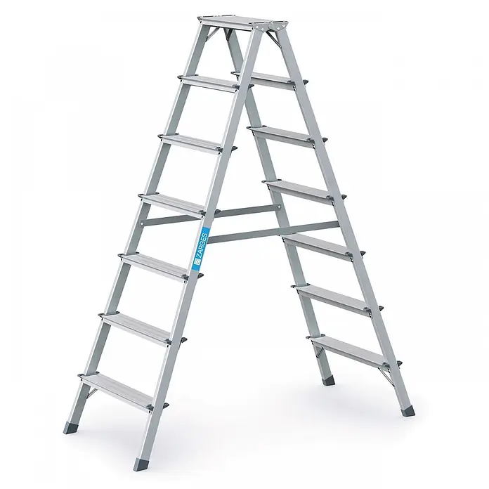 Zarges Stehleiter genietete Bockleiter eloxiert Scana B 2x7 Stufen - Anzahl Tritte: 7 Stk., Arbeitshöhe: 3.100 m, Aluminium - Silberfarbene Aluminium-Klappleiter mit oberer Plattform und beidseitigen Stufen, in A-Rahmen-Konfiguration.