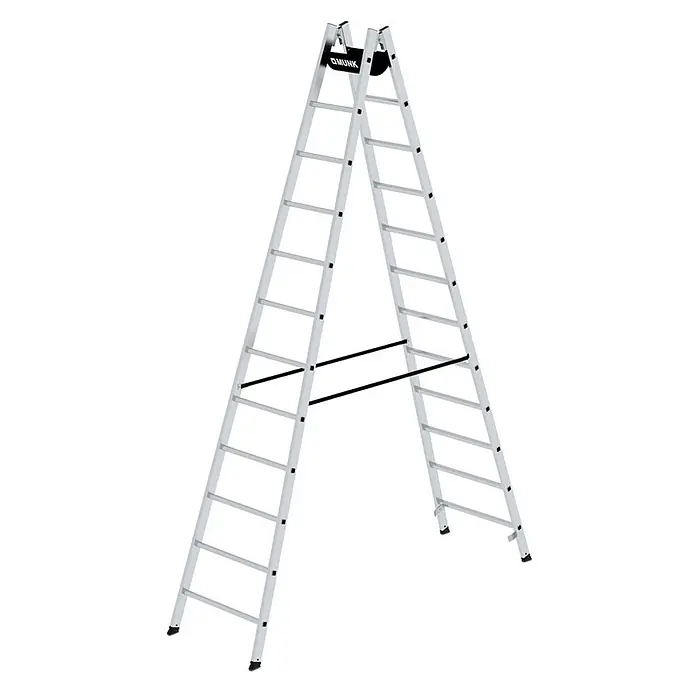 Munk Stehleiter Sprossenstehleiter 2x12 Sprossen - Anzahl Tritte: 12 Stk., Arbeitshöhe: 4.800 m, Aluminium - Silberne Aluminium-Stehleiter mit schwarzem Spreizschutz und Fußkappen. Marke: OMUNK.