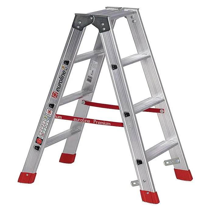 Euroline Stehleiter Premium 30577 Stufenstehleiter 2x4 Stufen - Anzahl Tritte: 4 Stk., Arbeitshöhe: 2.450 m, Aluminium - Silberne Aluminium-Stehleiter mit roten Anti-Rutsch-Füßen und Sicherheitsgurten, A-förmig für Stabilität.