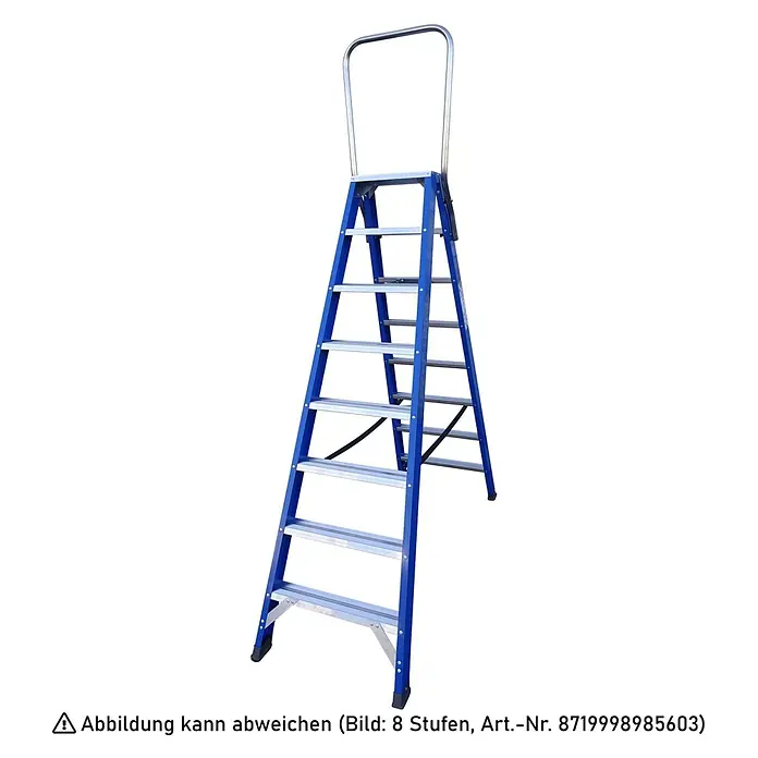 ASC Stehleiter Pro-Line XD-Stufenstehleiter DT-12 doppelseitig 12 Stufen mit 5,00m Arbeits - Anzahl Tritte: 12 Stk., Arbeitshöhe: 5.000 m, Aluminium - Blaue Aluminium-Stehleiter mit silbernen Stufen und Haltebügel, 8 Stufen.
