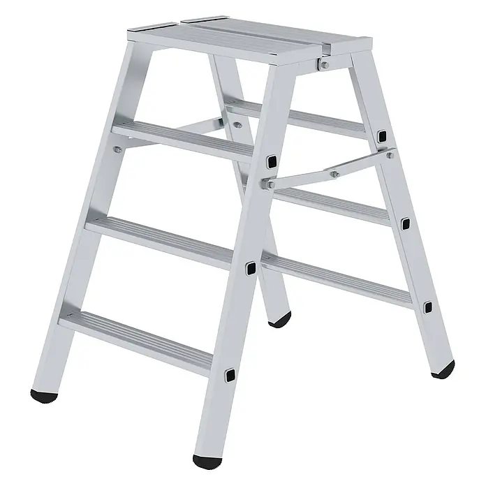 Munk Stehleiter Stufen Stehpodest klappbar, bedseitig begehbar 2x4 Stufen - Anzahl Tritte: 4 Stk., Arbeitshöhe: 2.930 m, Aluminium - Silberne Aluminium-Stehleiter mit rutschfesten Stufen für stabilen Aufstieg.