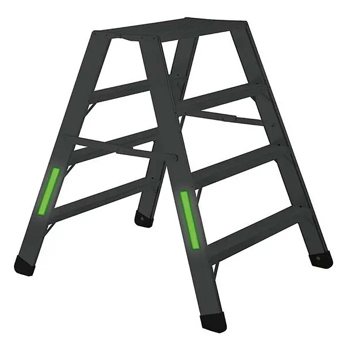 Zarges Stehleiter Arbeitspodest Seventec RC BP 2x3 Stufen - Anzahl Tritte: 3 Stk., Arbeitshöhe: 2.740 m, Aluminium - Dunkelgraue Trittleiter mit vier Stufen und grünen reflektierenden Sicherheitsstreifen an den Beinen.