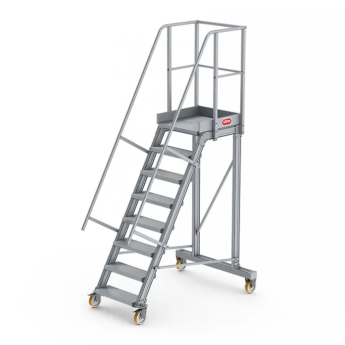 Altrex Podestleiter Podesttreppe fahrbar 60° 8 Stufen - Anzahl Tritte: 8 Stk., Arbeitshöhe: 3.960 m, Aluminium - Silbergraue mobile Arbeitsplattform mit Treppe, Handläufen und oberer Plattform, ausgestattet mit Rollen.
