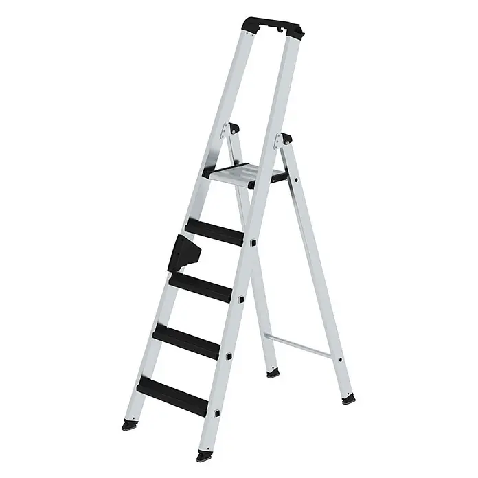 Munk Stehleiter Stehleiter mit relax-step 5 Stufen - Anzahl Tritte: 5 Stk., Arbeitshöhe: 3.150 m, Aluminium - Silberne Aluminium-Klappleiter mit schwarzen rutschfesten Stufen und Griff.