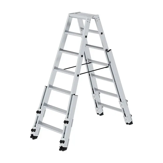 Munk Stehleiter Stufen- Stehleiter treppengängig beidseitig begehbar 2x7 Stufen - Anzahl Tritte: 7 Stk., Arbeitshöhe: 3.600 m, Aluminium - Silberne Aluminium-Mehrzweckleiter in A-Rahmen-Stellung mit verstellbaren Abschnitten.