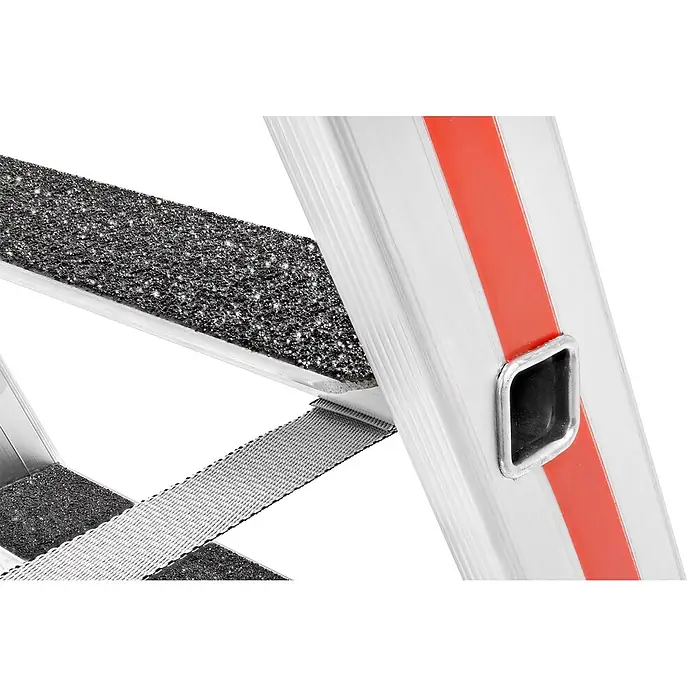 Hymer Stehleiter Stufenstehleiter R13 2x9 Stufen - Anzahl Tritte: 9 Stk., Arbeitshöhe: 3.610 m, Aluminium - Leiterstufen mit schwarzer Anti-Rutsch-Oberfläche, Aluminiumschiene mit rotem Streifen und Textilgurt.