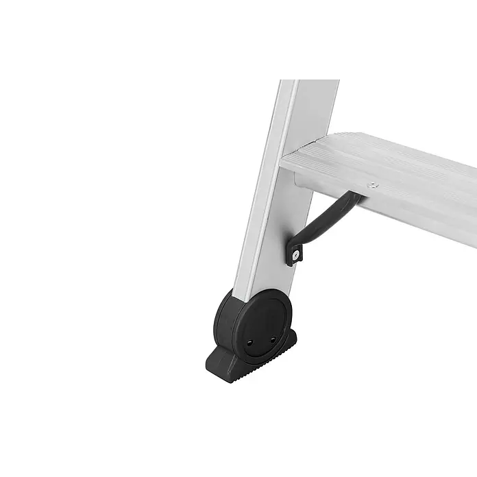Hymer Stehleiter Stufenstehleiter 2x4 Stufen - Anzahl Tritte: 4 Stk., Arbeitshöhe: 2.420 m, Aluminium - Unterer Teil einer silbernen Leiter mit geriffelter Stufe, schwarzem Stützarm und rutschfestem Fuß.