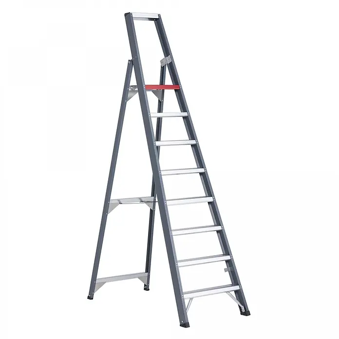 Altrex Stehleiter Falco einseitig begehbare Stufenleiter FEO 8 Stufen - Anzahl Tritte: 8 Stk., Arbeitshöhe: 3.900 m, Aluminium - Grau-rote Aluminium-Stehleiter mit mehreren Stufen und einer roten oberen Plattform.