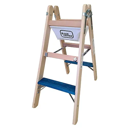 Iller Leiter  Stehleiter Holz Stufensteh ERGO Plus inkl. Werkzeugtasche und Eimerhaken 2x3 Stufen 2,