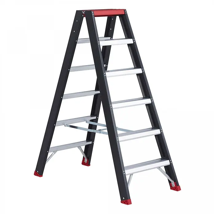 Altrex Stehleiter Taurus beidseitig begehbare Stufenleiter TDO 6 Stufen ohne Bügel - Anzahl Tritte: 6 Stk., Arbeitshöhe: 3.400 m - Schwarze und silberne Aluminium-Klappleiter mit roter Ablage und rutschfesten Füßen.
