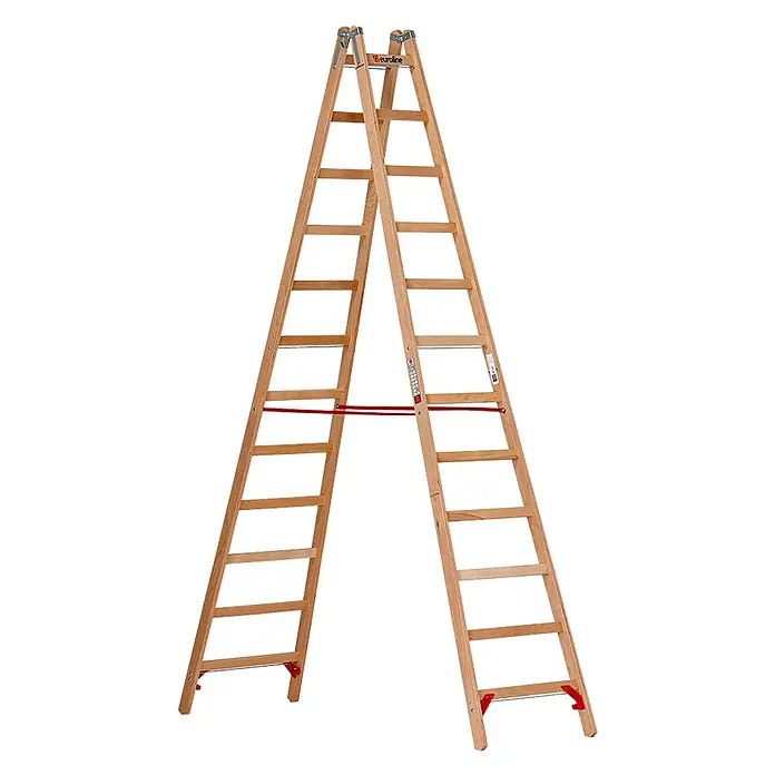 Euroline Stehleiter Holz Sprossenstehleiter 2x12 Sprossen - Anzahl Tritte: 12 Stk., Arbeitshöhe: 4.350 m, Holz - Doppelseitige Holz-Stehleiter mit roten Spreizsicherungen und Metallscharnieren.