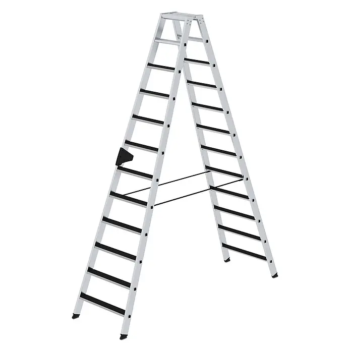 Munk Stehleiter Stehleiter beidseitig begehbar mit clip-step 2x12 Stufen - Anzahl Tritte: 12 Stk., Arbeitshöhe: 4.300 m, Aluminium - Silberne Aluminium-Klappleiter mit schwarzen rutschfesten Stufen und schwarzen Querstreben.